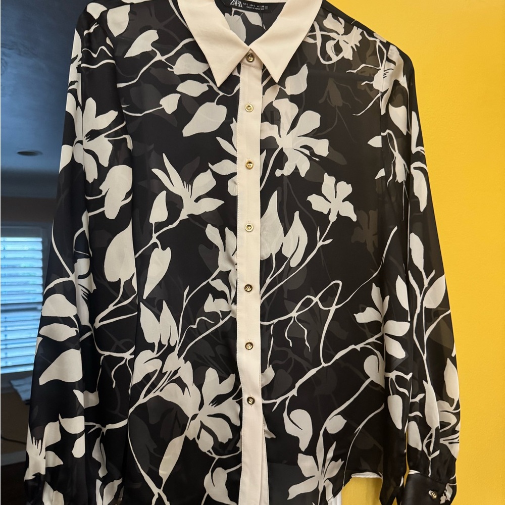 Zara Monochrome Abstract Sheer Blouse
